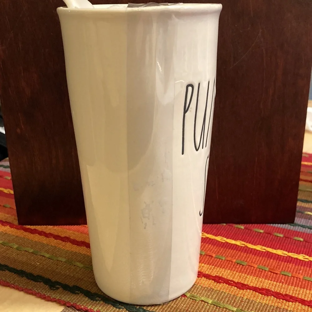 NWT Rae Dunn “pumpkin Spice” ceramic mug with lid 16 oz travel mug